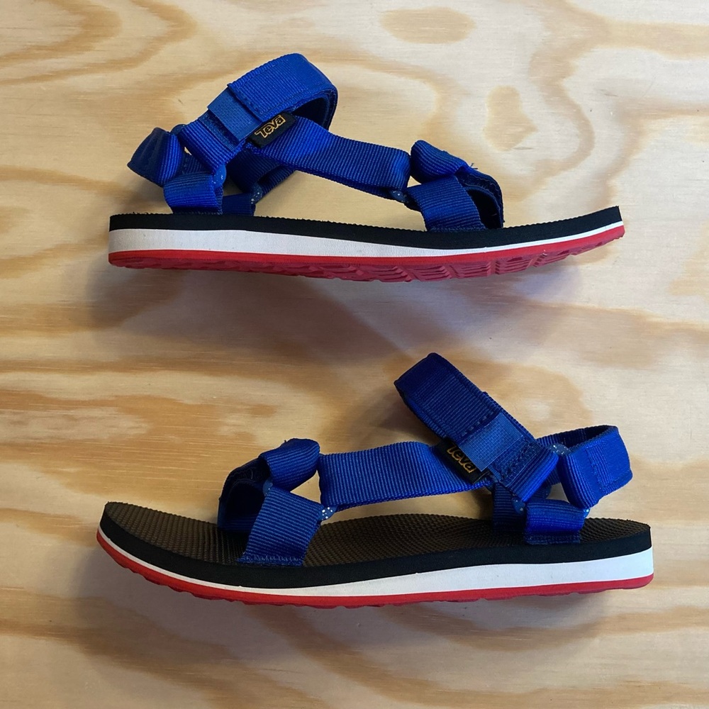 Blue, Red, and White Teva Universal Sandals in Size 5